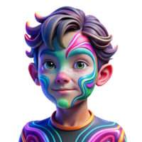 elegant abstract Portrait of a child with vibrant face paint swirling in abstract patterns, lit by colorful neon lights, in a pop art style detailed png