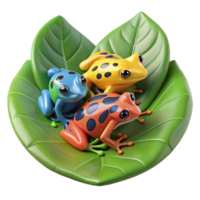 impressive classic A group of colorful poison dart frogs clustered on a large leaf, rainforest setting, vibrant and detailed original png