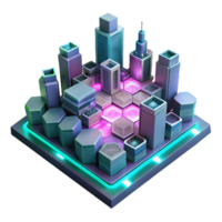 dramatic modern A futuristic cityscape built on interconnected hexagonal platforms, illuminated by neon pink and teal lights, cyberpunk style original png