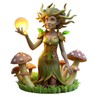vibrant abstract An elegant dryad, her skin crafted from bark and moss, cradling a glowing orb of sunlight, amidst a grove of luminous mushrooms. Surrealism style original png