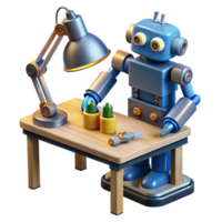 extraordinary artistic A disassembled robot scattered across a workbench, lit by the bright light of a workshop lamp, in a detailed, technical style professional png