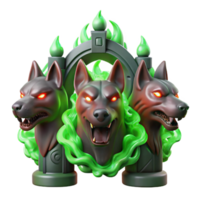 serene minimalist A three-headed Cerberus, each head a different shade of fiery red, guarding a gate of polished obsidian, illuminated by ethereal green flames. Dark fantasy style high resolution png