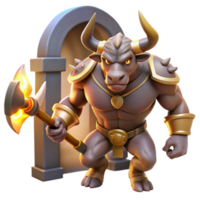 beautiful contemporary A powerful minotaur, with rippling muscles and a bronze axe, charging through a labyrinthine corridor, lit by torches casting dramatic shadows. Baroque style detailed png