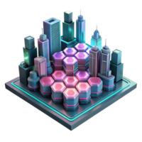beautiful minimalist A futuristic cityscape built on interconnected hexagonal platforms, illuminated by neon pink and teal lights, cyberpunk style exclusive png