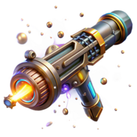 vibrant rustic A futuristic weapon, with intricate engravings and glowing energy cells, levitates in the air, surrounded by swirling particles of light. Steampunk style high resolution png