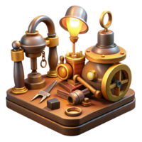 serene modern A collection of steampunk tools laid out on a workbench, bathed in the warm glow of a workshop lamp. Realistic, detailed lighting. Steampunk concept art original png