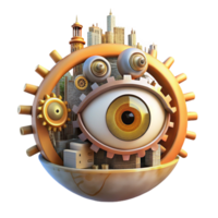 elegant rustic A giant, floating eye watches over a city made of interconnected gears and cogs. Steampunk style, warm, artificial lighting high resolution png