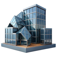 serene minimalist Deconstructivist office building, fragmented shapes, angular planes, steel and glass construction, cityscape background authentic png