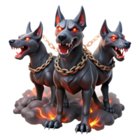 serene artistic Cerberus, the three-headed hound of Hades, with glowing red eyes, chains of blackened iron, surrounded by swirling Stygian smoke, dark fantasy painting high quality png