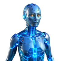dramatic abstract A transparent humanoid android with glowing circuitry, intricate internal mechanisms visible, ethereal blue backlighting, futuristic style high resolution png