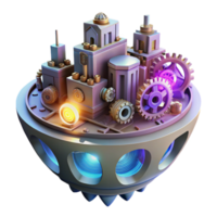 serene vintage A floating city made of interconnected gears and cogs, illuminated by flickering neon lights. Steampunk style premium png