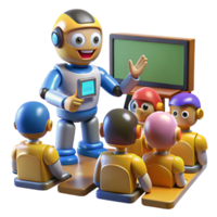 wonderful artistic A robot teaching a class of human children, illuminated by bright classroom lighting, in a hopeful, educational style high resolution png
