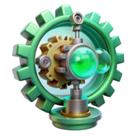 elegant modern An intricate clockwork mechanism generating artificial intelligence, with gears and cogs glowing with emerald green light, in a steampunk style premium png