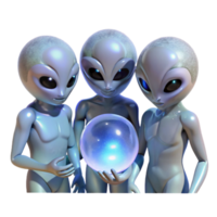 elegant vintage A group of aliens with translucent skin gathers around a glowing orb, their bodies illuminated from within. Ethereal lighting, mystical style professional png