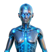 beautiful artistic A transparent humanoid android with glowing circuitry, intricate internal mechanisms visible, ethereal blue backlighting, futuristic style 4K png