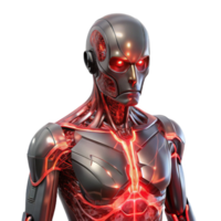 stunning rustic A humanoid robot with translucent skin revealing complex internal circuitry, illuminated by a pulsing, red light. Biopunk style original png