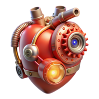 vibrant contemporary A steampunk-style mechanical heart, with gears, pistons, and glowing tubes, illuminated by a pulsating red light. Surreal style genuine png