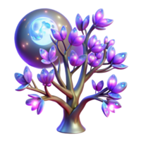 serene minimalist A fractal tree with branches made of lightning and leaves of iridescent butterflies, illuminated by a full moon, in a psychedelic art style, detailed png