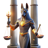 magnificent abstract An enigmatic Anubis, with the head of a jackal, holding the scales of justice, in a dimly lit temple, illuminated by flickering torches. Egyptian art style professional png