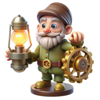 stunning classic A curious gnome tinkering with clockwork gears and springs, illuminated by the warm light of a workshop lamp. Steampunk style original png