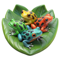 impressive abstract A group of colorful poison dart frogs clustered on a large leaf, rainforest setting, vibrant and detailed 4K png