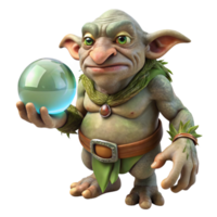 dramatic vintage A wise old troll, with skin of granite and moss, holding a glowing crystal ball, in a dark cave lit by bioluminescent fungi. Digital art style original png
