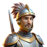 serene artistic Portrait of a noble knight in shining armor with a plumed helmet, a chivalrous expression, and a gleaming sword, lit by bright sunlight professional png