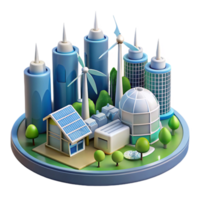 dramatic classic A futuristic city powered by renewable energy, with wind turbines and solar panels gleaming in the sunlight. Eco-futurism, architectural rendering style premium png