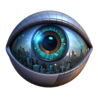 vibrant artistic A close-up of a cyborg eye, glowing with intricate circuitry, reflecting a digital cityscape, hyperrealistic, dark and moody lighting genuine png