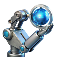 elegant rustic A chrome robotic arm delicately holding a glowing orb of data, intricate wires and circuitry visible beneath its polished surface, lit by a soft blue neon light. Cinematic style premium png