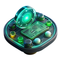 elegant vintage A close-up of a futuristic HUD interface displaying complex data streams and holographic projections, lit by the flickering green light of the screen. Cyberpunk style 4K png