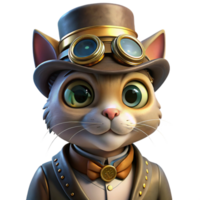 vibrant rustic A portrait of a steampunk cat wearing goggles and a tiny top hat, illuminated by a warm, inviting light. Vintage illustration style authentic png