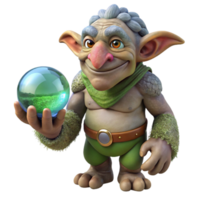 wonderful contemporary A wise old troll, with skin of granite and moss, holding a glowing crystal ball, in a dark cave lit by bioluminescent fungi. Digital art style authentic png