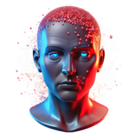 deslumbrante abstrato uma holográfico projeção do uma humano face desintegrando para dentro partículas, iluminado de vermelho emergência iluminação, dentro uma dramático estilo profissional png