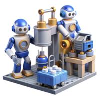impressive modern A group of robots, with diverse designs and functions, work together in a futuristic factory. Industrial lighting genuine png