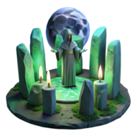 serene creative A mysterious druid performing a ritual, surrounded by standing stones, lit by the ethereal glow of the full moon. Celtic mythology, painting style detailed png