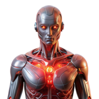 serene creative A humanoid robot with translucent skin revealing complex internal circuitry, illuminated by a pulsing, red light. Biopunk style authentic png