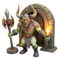 serene rustic A fearsome minotaur guarding a labyrinth entrance, holding a double-headed axe, illuminated by torches mounted on the walls. Greek mythology, dark fantasy style professional png