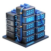 wonderful classic A server farm with rows of blinking servers and tangled cables, bathed in the cool, blue light of LEDs. Industrial, cyberpunk style original png