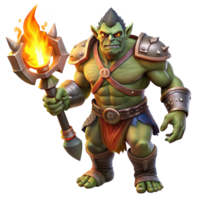 vibrante moderno uma temível orc chefe com intrincado tribal tatuagens, empunhando uma brilhando obsidiana Machado, aceso de tremeluzente luz de tocha. Sombrio fantasia estilo, realista Renderização Prêmio png