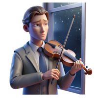 serene vintage Portrait of a melancholic musician with a violin, lit by a dim, rainy window light, in the style of Edward Hopper high resolution png