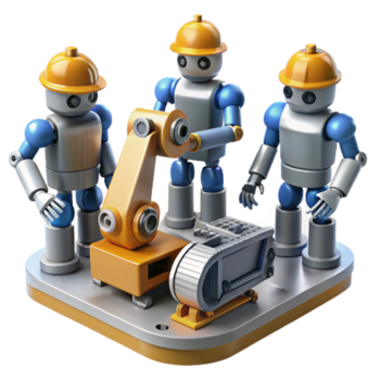 sbalorditivo artistico un' gruppo di robot collaboratore su un' complesso ingegneria progetto, industriale ambientazione, realistico illuminazione originale png