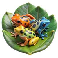 extraordinary vintage A group of colorful poison dart frogs clustered on a large leaf, rainforest setting, vibrant and detailed genuine png