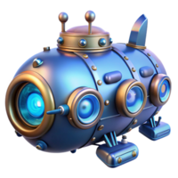 elegant vintage A complex steampunk submarine, with portholes and intricate gears, underwater, blue-tinted lighting original png