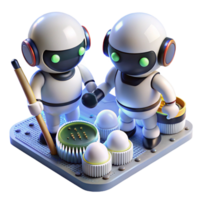 beautiful classic A group of miniature cleaning robots, spherical and white, scrubbing a circuit board with tiny brushes, under bright, focused LED lights. Photorealistic style high quality png