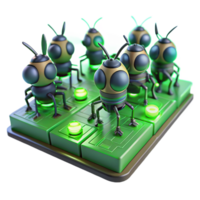 wonderful contemporary A group of miniature, insect-like robots swarming over a circuit board, lit by the green glow of LEDs, in a macro photography style premium png