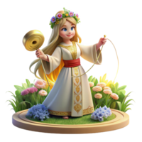 serene minimalist A benevolent Slavic goddess Mokosh, spinning thread of fate, surrounded by blooming flowers, illuminated by warm sunlight. Slavic folklore style 4K png