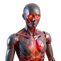 wonderful traditional A humanoid robot with translucent skin revealing complex internal circuitry, illuminated by a pulsing, red light. Biopunk style detailed png