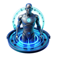 extraordinary traditional A cyborg with glowing blue circuitry embedded beneath translucent skin stands amidst a swirling vortex of data streams. Neon lighting, surreal style original png