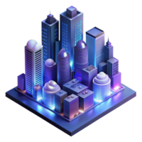 serene artistic A futuristic cityscape at night, towering skyscrapers piercing the clouds, neon signs illuminating the rain-slicked streets below, cyberpunk style, isometric view original png